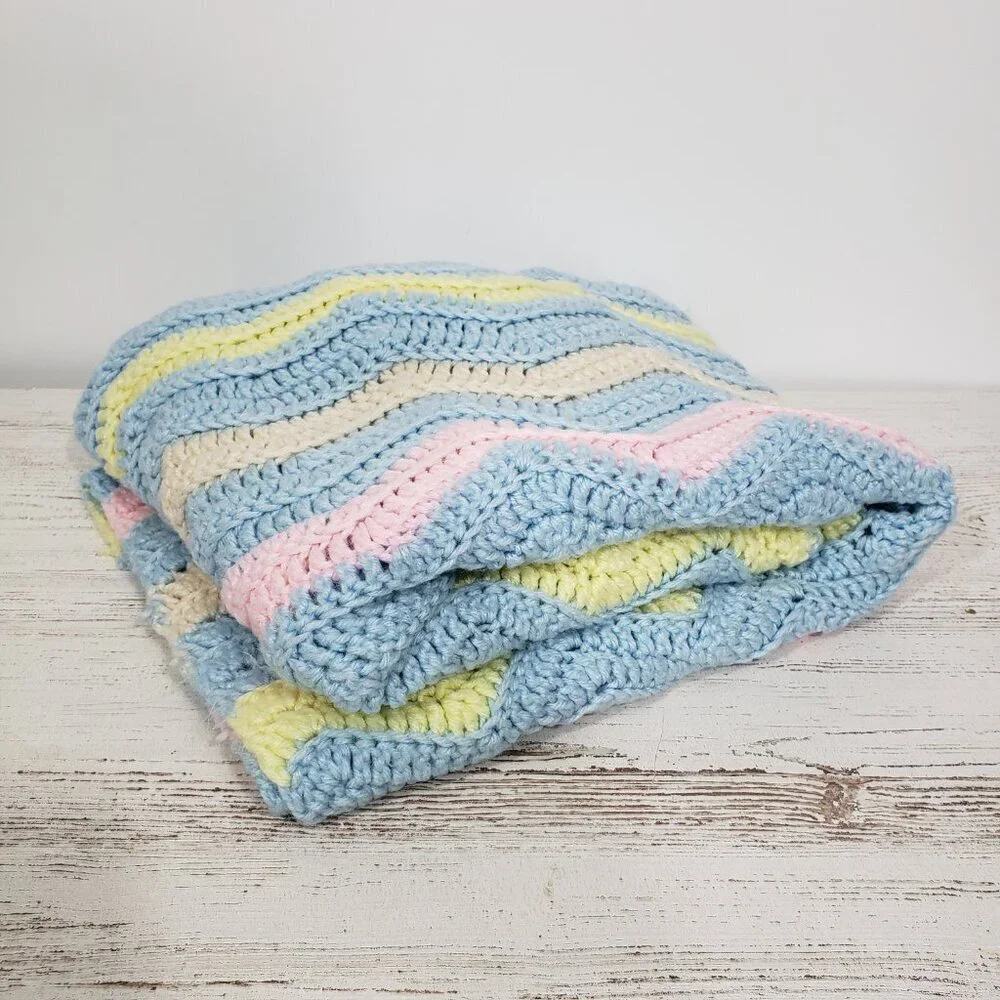 Handmade Pastel Chevron Pattern Crocheted Baby Blanket Blue Pink Yellow 43